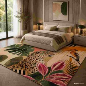 Tropical leopard and botanical printed area rug in a modern living room