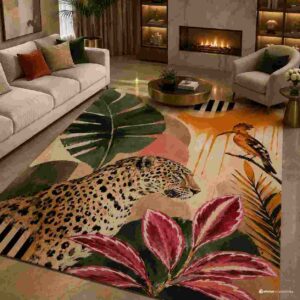Tropical leopard and botanical printed area rug in a modern living room