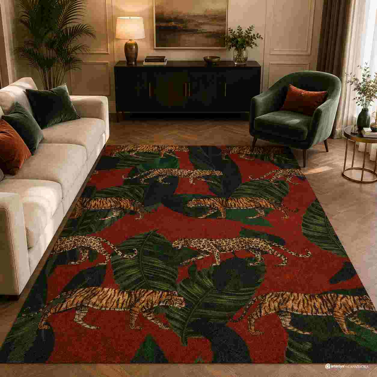 Tropical tiger and leopard area rug with botanical leaves (9) Tropical Leopard & Tiger Jungle Print Area Rug - Image 1