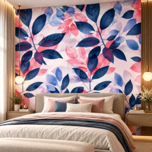 Botanical Blush & Midnight Blue Leaf Wallpaper - Image 2