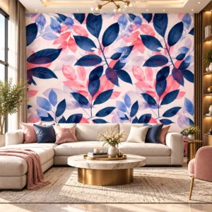 Botanical Blush & Midnight Blue Leaf Wallpaper - Image 3