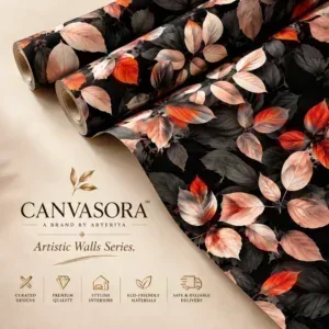 Luxury Autumn Leaves Black & Coral Wallpaper