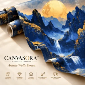 Midnight Blue & Golden Moon Waterfall Wallpaper