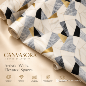 Luxury Geometric Marble Wallpaper – White, Grey, Black & Gold