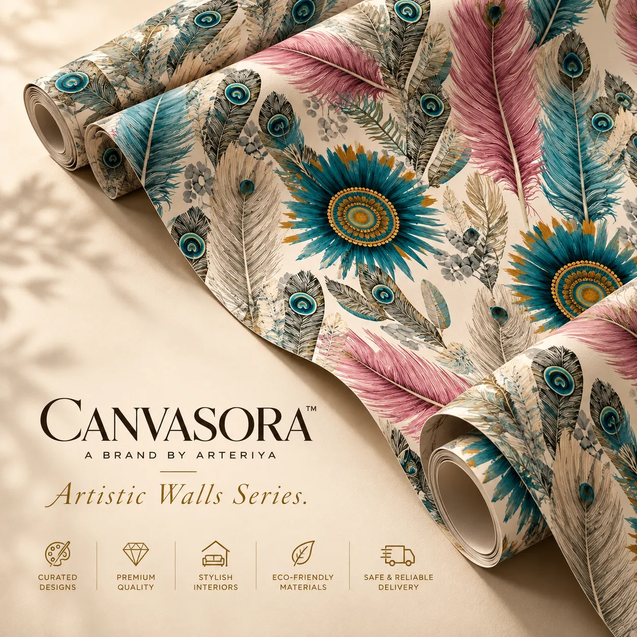 Canvasora Artistic Walls Collection (11) Multicolour Peacock Feather Wallpaper - Image 1