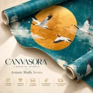 Luxury Teal & Golden Sun with Flying Cranes Wallpaper