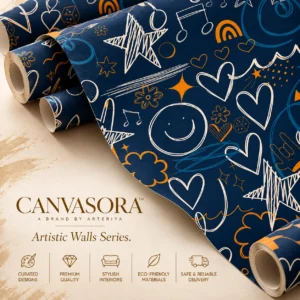 Navy Blue & Orange Doodle Pattern Wallpaper