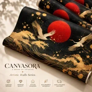 Black and Gold Crane Wallpaper with Red Sun – Luxury Japanese-Inspired Wall Mural
