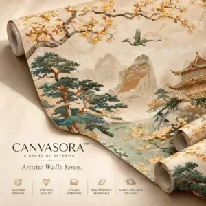 Luxury Japanese Blossom & Mountain Landscape Wallpaper