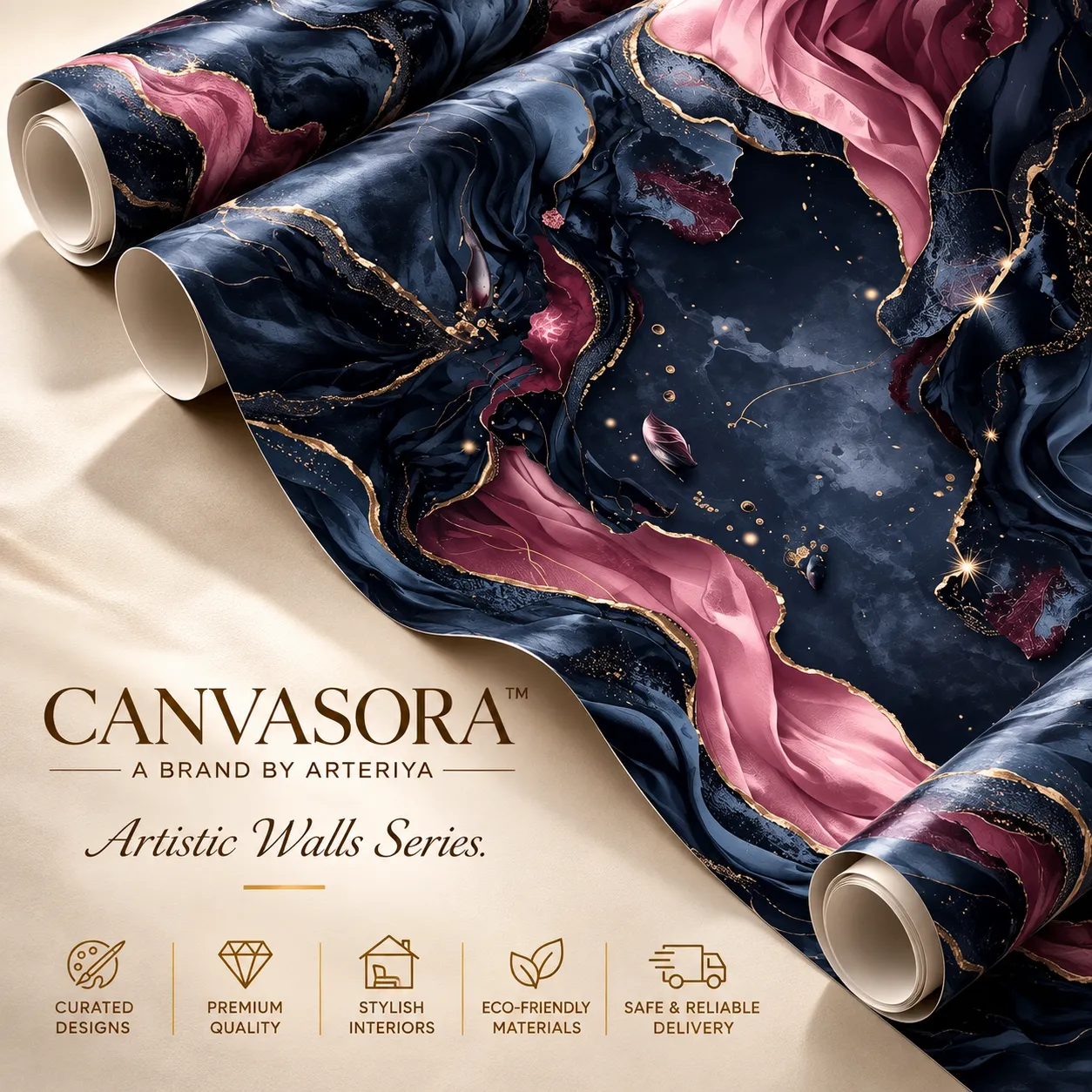 Canvasora Artistic Walls Series (6) Midnight Blue & Rose Gold Abstract Marble Wallpaper - Image 1