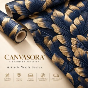 Luxury Navy Blue & Gold Sculptural Leaf Wallpaper