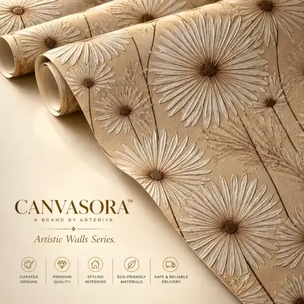 Canvasora Embossed Floral Wallpaper Collection Champagne Beige Embossed Daisy Floral Wallpaper - Image 1
