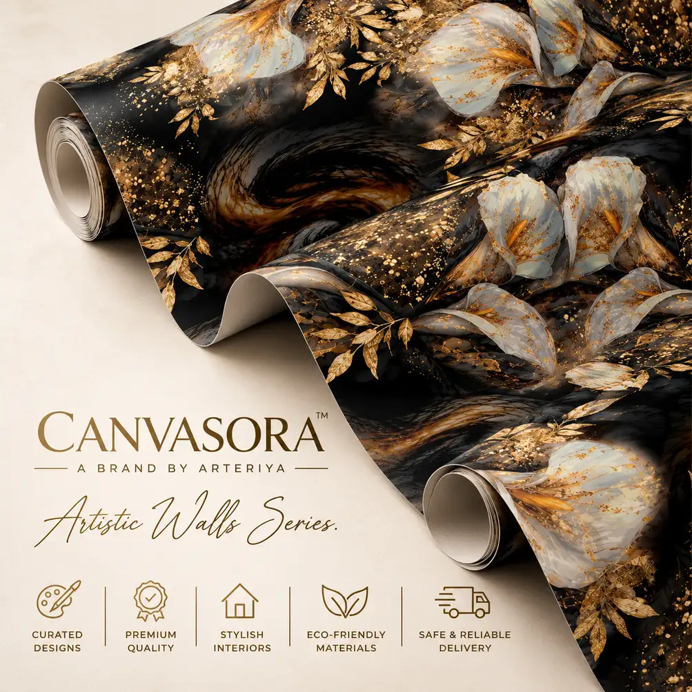 Canvasora Luxury Floral Wallpaper Collection Black, Gold & Ivory Abstract Floral Wallpaper - Image 1