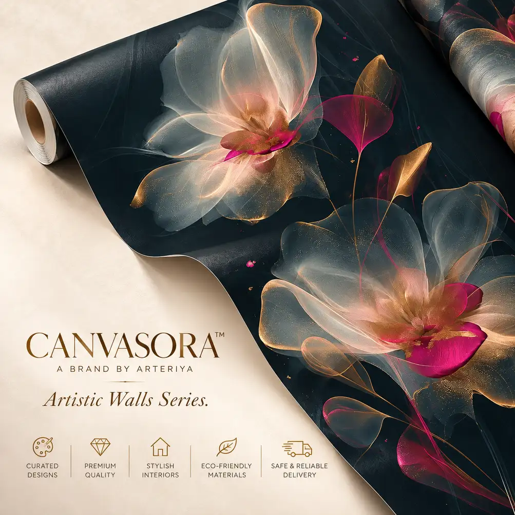 Canvasora Luxury Floral Wallpaper Rolls Black, Champagne Gold & Magenta Floral Wallpaper - Image 1