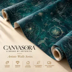 Luxury Teal Celestial Map Wallpaper with Gold Compass Details