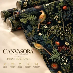 Luxury Dark Botanical Bird Wallpaper with Vintage Floral Illustrations
