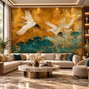 Luxury Flying Cranes Teal & Gold Mural Wallpaper - Image 2