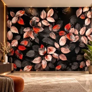 Luxury Autumn Leaves Black & Coral Wallpaper - Image 2