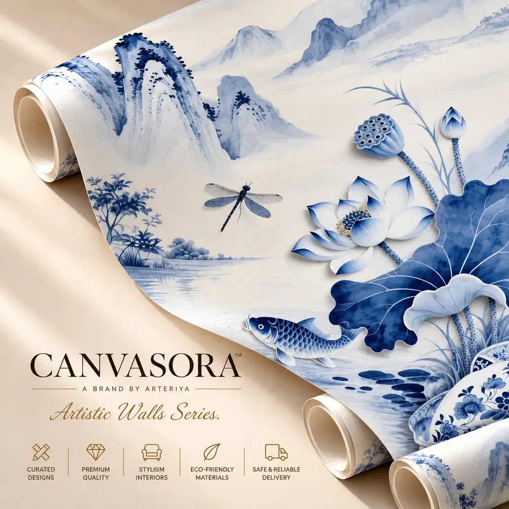 Elegant Blue-and-White Lotus Wallpaper Mockup Blue and White Lotus Wallpaper - Image 1