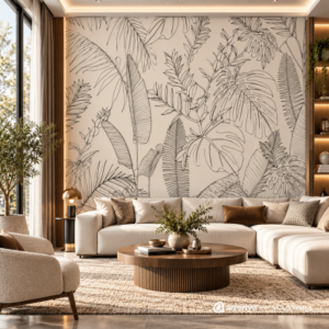 Botanical Line Art Wallpaper – Neutral Tropical Leaf Design - Image 3