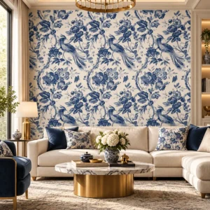 Luxury Blue and White Chinoiserie Bird Wallpaper - Image 3