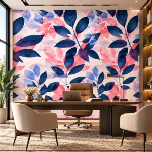 Botanical Blush & Midnight Blue Leaf Wallpaper - Image 4