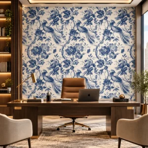 Luxury Blue and White Chinoiserie Bird Wallpaper - Image 4