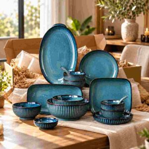 Teal Reactive Glaze Ceramic Dinnerware Set of 12 - Image 2