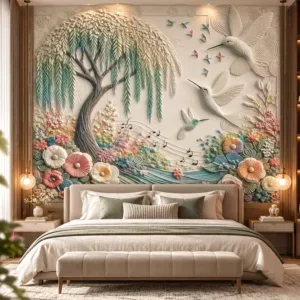 Embossed Botanical Tree and Bird Mural Wallpaper - Image 2