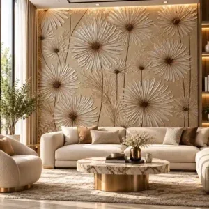 Champagne Beige Embossed Daisy Floral Wallpaper - Image 2