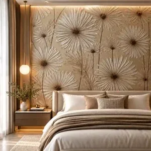 Champagne Beige Embossed Daisy Floral Wallpaper - Image 4