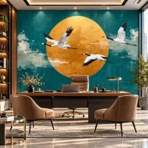 Luxury Teal & Golden Sun with Flying Cranes Wallpaper - Image 2
