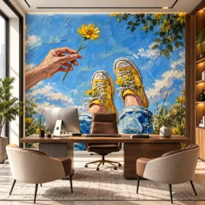 Artistic Blue Sky & Yellow Floral Wallpaper - Image 3