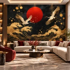 Black and Gold Crane Wallpaper with Red Sun – Luxury Japanese-Inspired Wall Mural - Image 2