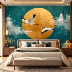 Luxury Teal & Golden Sun with Flying Cranes Wallpaper - Image 3