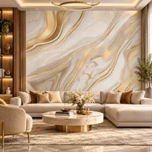 Ivory Marble Swirl Gold Accent Wallpaper - Image 4