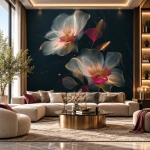 Black, Champagne Gold & Magenta Floral Wallpaper - Image 2