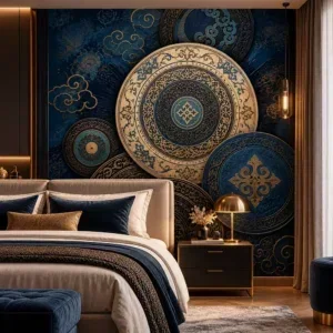 Luxury Blue and Gold Ornamental Medallion Wallpaper - Image 2