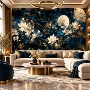 Luxury Navy Blue and Gold Floral Wallpaper - Image 3