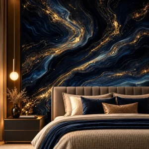 Luxury Navy Blue and Gold Abstract Marble Wallpaper - Image 2