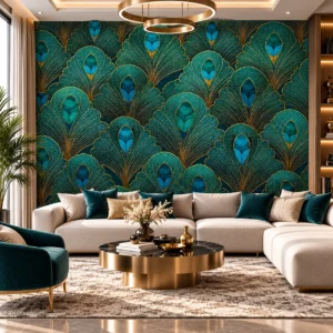 Luxury Teal & Gold Peacock Feather Wallpaper - Image 3