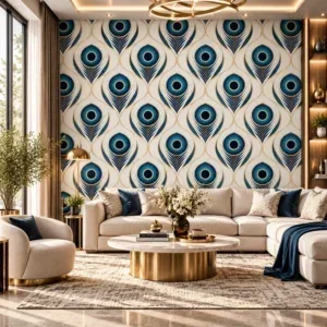 Luxury Blue and Gold Peacock Feather Wallpaper - Image 2