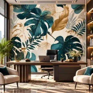 Teal and Gold Tropical Botanical Wallpaper - Image 4