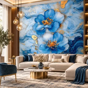 Blue Marble Floral Wallpaper - Image 3