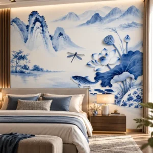 Blue and White Lotus Wallpaper - Image 2
