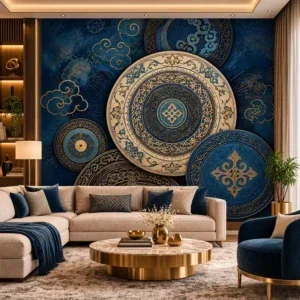 Luxury Blue and Gold Ornamental Medallion Wallpaper - Image 3