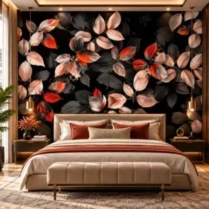 Luxury Autumn Leaves Black & Coral Wallpaper - Image 3