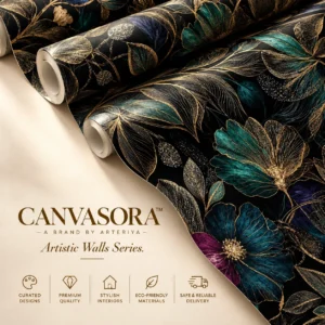 Luxury Black, Teal & Gold Botanical Floral Wallpaper