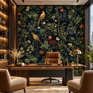 Luxury Dark Botanical Bird Wallpaper with Vintage Floral Illustrations - Image 5