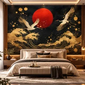 Black and Gold Crane Wallpaper with Red Sun – Luxury Japanese-Inspired Wall Mural - Image 3